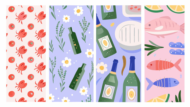 seamless pattern with crabs tomatoes flowers bottles and fish colorful vector illustration on pastel backgrounds
