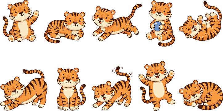Cute Cartoon Baby Tiger Character Set with Sitting, Running, Playing, Sleeping, and Waving Poses for Kids and Animal Designs