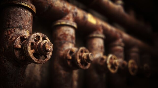 Detailed close up of rusty industrial pipes and mechanical valves, dramatic industrial lighting, heavy manufacturing concept, strong texture focus