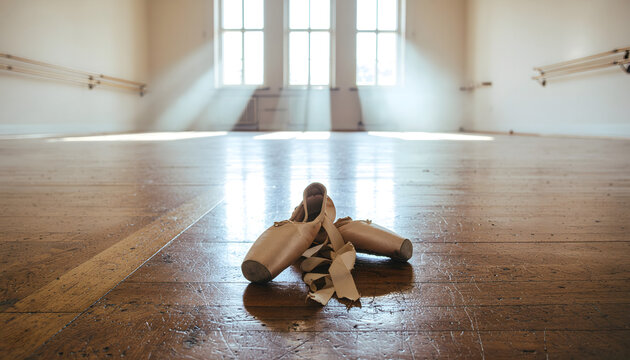 Ballet pointe shoes on wooden floor in empty dance studio with sunbeams
