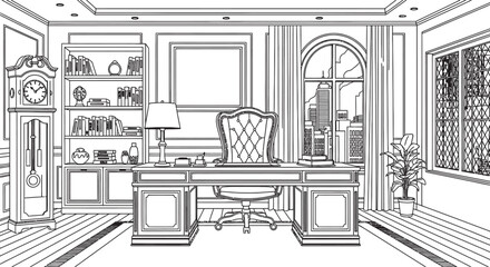 A detailed black and white illustration of a luxurious home office with a large desk and bookshelves © Fahmida