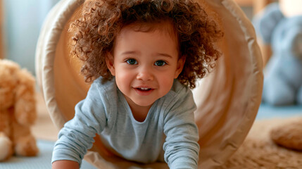 Fototapeta premium Smiling curly haired mixed race toddler crawling through play tunnel at home, early childhood development and joyful learning through movement concept