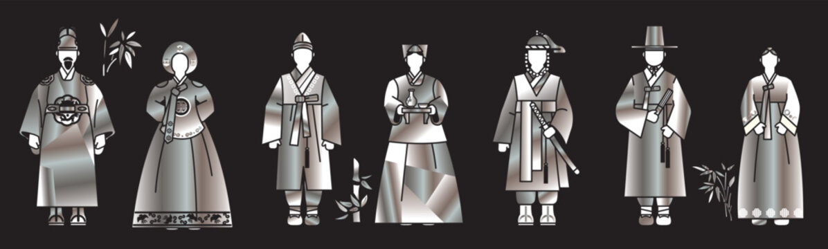 Korean Traditional Clothing Hanbok Illustration in Mother-of-Pearl Inlay Najeonchilgi Style