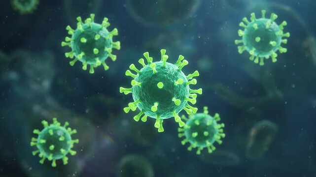 microscopic view of hantavirus particles with glowing green spikes, close-up detailed footage