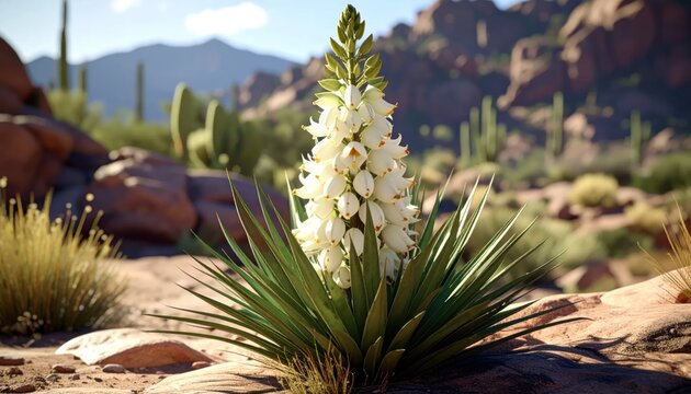 Desert Yucca Plant Blooming with White Flowers in Arid Landscape.