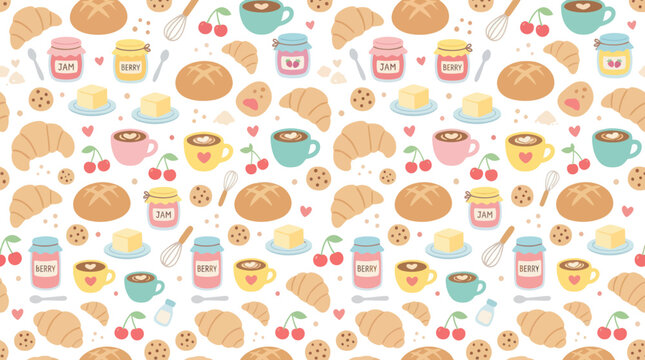 Cute Flat Vector Seamless Pattern with Breakfast Food, Bakery Goods, Coffee Cups, Jam and Butter
