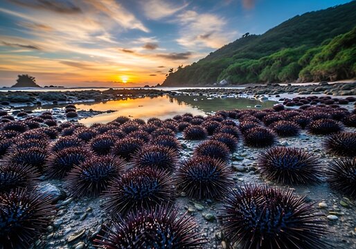 Vast colony of dark sea urchins covers the rocky shore at sunset with ocean reflections and lush green hills