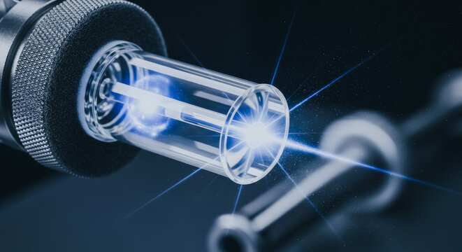 High-intensity blue laser emitter in a laboratory setting representing advanced photonics and precise energy emission.