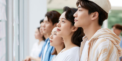 Naklejka premium Group of Young Adults Observing Art Display in Modern Gallery Setting