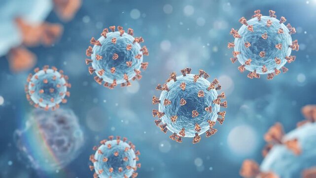 HANTAVIRUS cinematic biological footage, multiple luminous virus particles floating in microscopic view