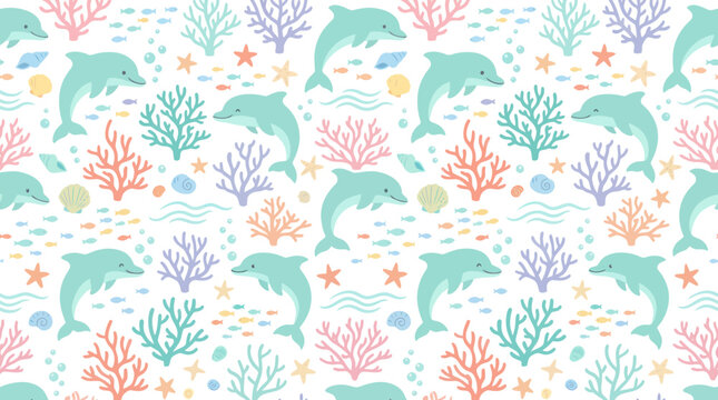 Seamless Pattern of Cute Dolphins and Coral Reef, Flat Style