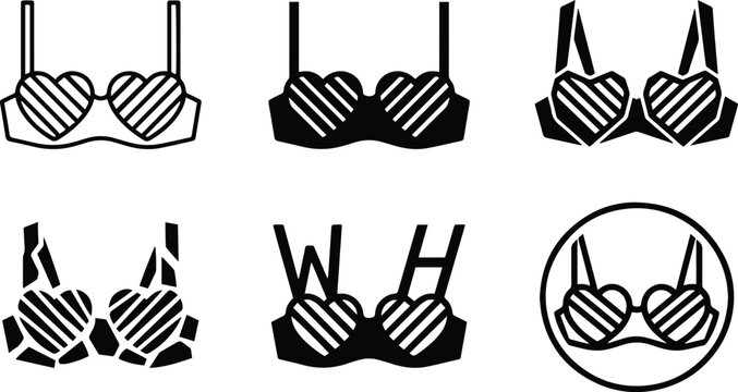 Heart shaped bra icon set showing lingerie fashion underwear intimate apparel romance and feminine clothing in black white vector style