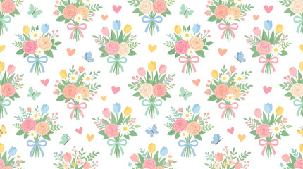 Fototapeta premium Seamless Floral Pattern with Bouquets, Butterflies, and Hearts, Cute Illustration