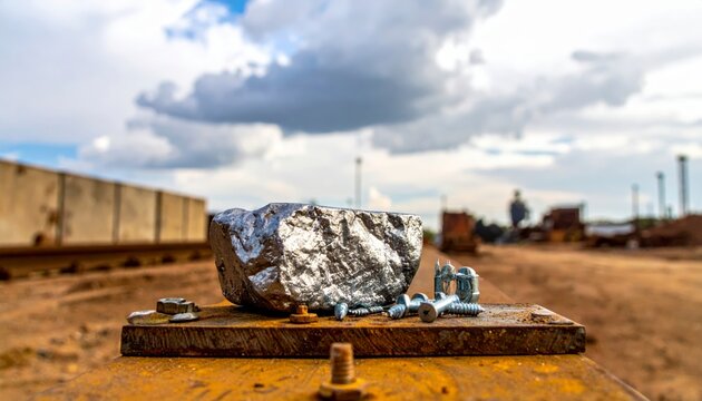 Rough, unpolished zinc ingot with metal fasteners resting on weathered wood plank outdoors.