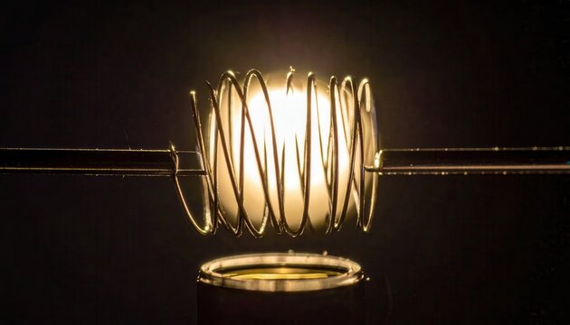 Magnified Tungsten Filament Coil, Intricately Wound, Glowing Metallic Detail Against Dark Background