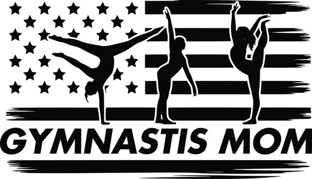 Gymnast silhouettes with american flag and text gymnast mom black and white vector