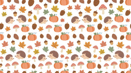 Fototapeta premium Cute Autumn Pattern with Hedgehogs, Pumpkins, Mushrooms, Leaves, and Acorns Flat Art