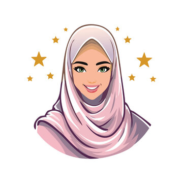 Smiling Muslim Woman Wearing Pink Hi jab logo design.