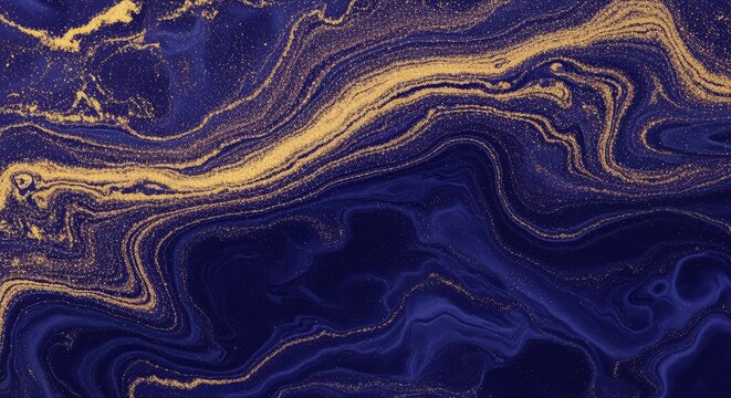 Elegant abstract background with deep indigo blue marble swirls and shimmering gold powder textures creating a luxurious fluid art pattern, modern, backdrop, metallic