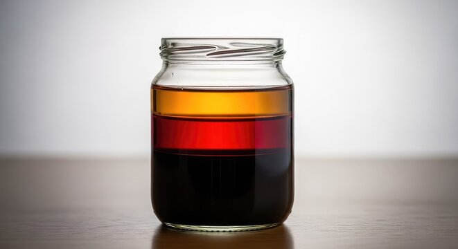 A stunning home science experiment showing distinct layers of amber, deep red, and dark black liquids inside a clear glass jar on a table, vibrant, oil, depth
