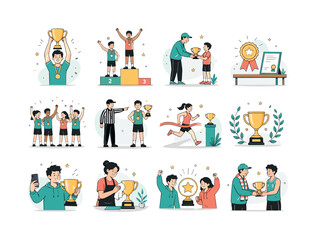 Fototapeta premium Champion Trophy Awards. Victory, championship, sports success, prizes, medals, ranking, and winner celebration. 12 minimalist editorial vector scenes: a champion lifts a trophy cup with a smile, two