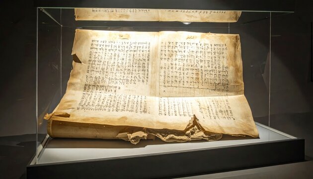A fragile and brittle ancient manuscript scroll fragment of historical religious text displayed carefully