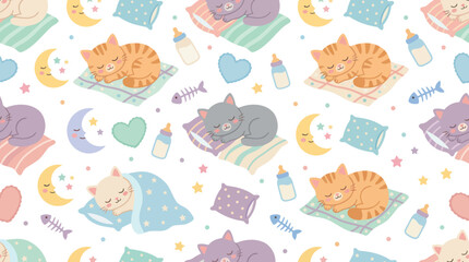 Fototapeta premium Cute Seamless Pattern with Sleeping Kittens on Pillows, Baby Bottles, Moon