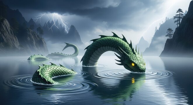 A mysterious sea serpent glides through the calm surface of a foggy lake beneath a dramatic thunderous sky in a rugged wilderness landscape, prehistoric, gray, folklore