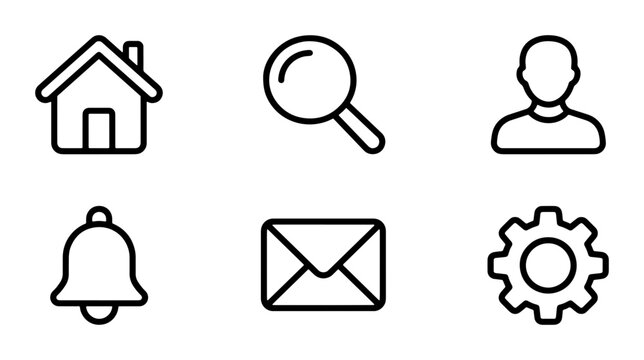 Minimalist UI Icons: Home, Search, User, Bell, Mail, Settings, Vector Set for Web and App Design