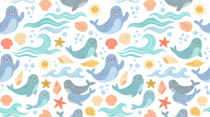 Naklejka premium Cute Seals and Ocean Waves Seamless Pattern - Flat Cartoon Art