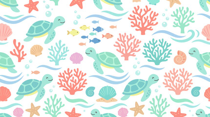 Obraz premium Cute Sea Turtles and Coral Reef Underwater Pattern, Flat Style