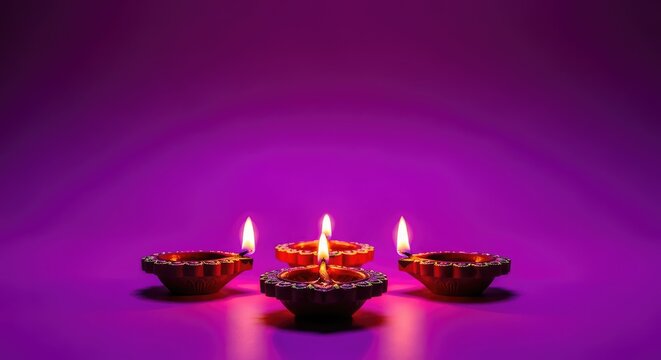 Festive Diwali background featuring radiant oil lamps with warm flames glowing against a rich purple and violet gradient backdrop, peaceful, prosperity, dark