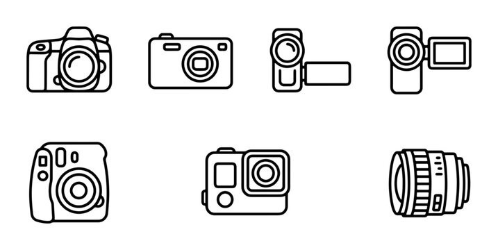 Camera Icons Set: DSLR, Digital, Camcorder, Action Cam, Lens, Vintage Camera, Vector Graphics
