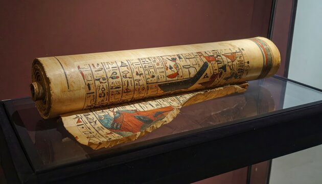 Unrolled ancient Egyptian papyrus scroll revealing intricate hieroglyphs and illustrations in a museum setting.