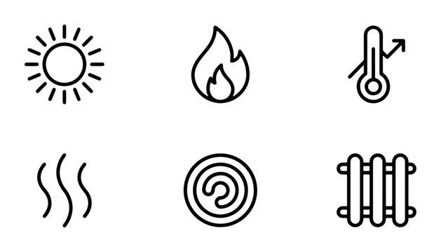 Heating and Cooling Icons Set: Sun, Flame, Thermometer, Waves, Coil, Radiator, Weather Symbols, Temperature Control