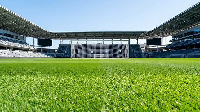 Empty soccer stadium with green grass pitch and goal post under blue sky