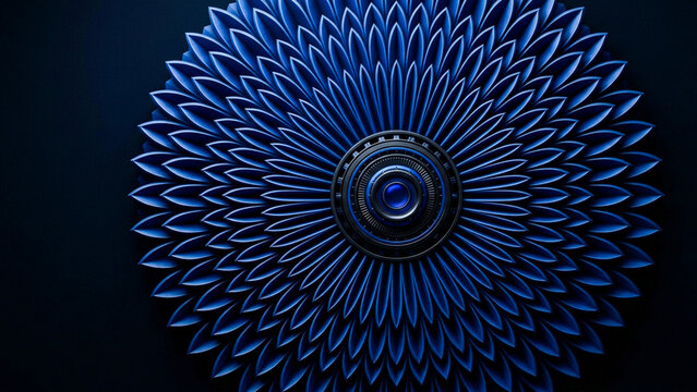 A dark blue abstract wallpaper featuring a detailed, layered geometric flower design with a metallic, mechanical lens at its center