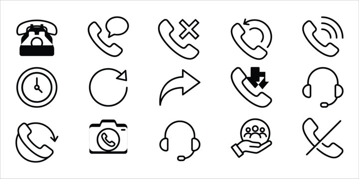 Black line phone call icons set communication and support symbols