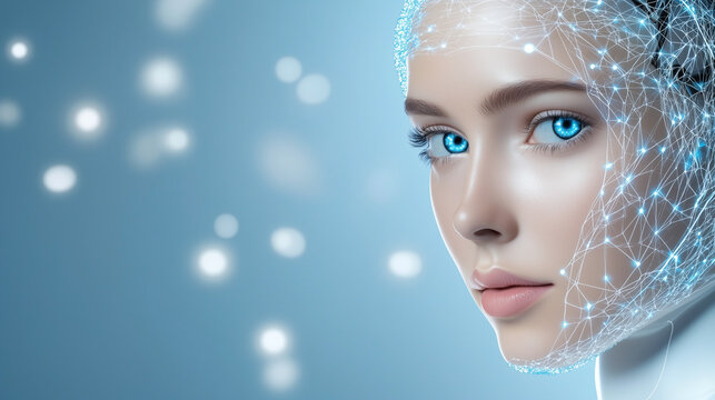 Female robot on a light blue background