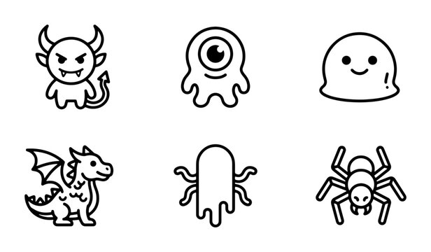 Cute Monster Icons Set, Whimsical Cartoon Creatures Vector Graphics, Playful Halloween Characters Collection