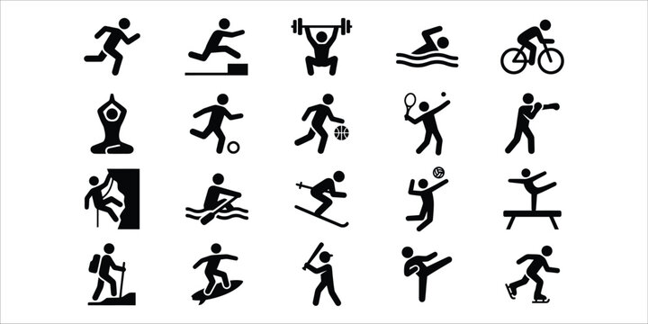 Collection of 20 stick figures engaged in various sports and fitness activities
