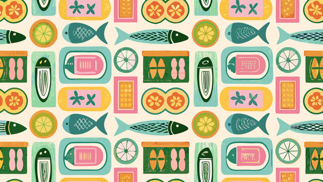 retro mid century modern pattern with fish citrus slices and floral motifs on a cream background