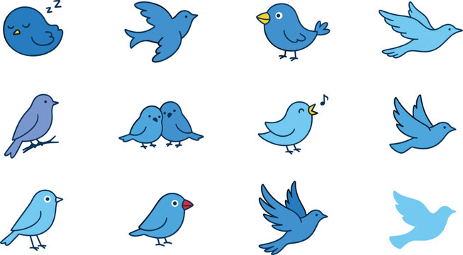Cute Blue Bird Icon Set with Flying Cartoon Birds, Singing Animal Characters, and Adorable Nature Illustration Elements for Kids Design