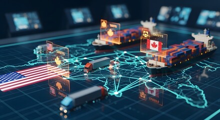 Fototapeta premium Global business network with USA and Canada flags digital data flow futuristic technology glowing blue connections commerce trade innovation
