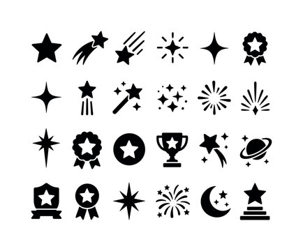 Star Sparkle Award. Solid glyph icon set of stars, sparkle, shine, and awards: five-point star, shooting star, falling star, sparkle burst, twinkle star, award badge, shine flash, rising star, magic