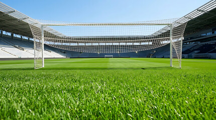 Empty soccer stadium with green grass pitch and goal net in foreground © Uhartist35
