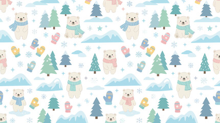 Fototapeta premium Cute Polar Bear in Winter Scarf and Mittens Seamless Pattern, Flat Style