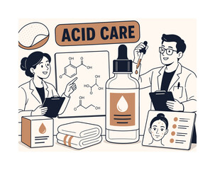 Fototapeta premium Acid Skincare Science Banner scene about acid skincare ingredients, cosmetic chemistry and exfoliation treatment, 2 expressive dermatology specialists working around one oversized serum bottle and one