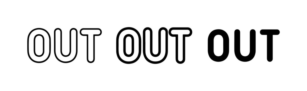 OUT word typography, three styles: outline, filled outline, solid black, graphic design elements