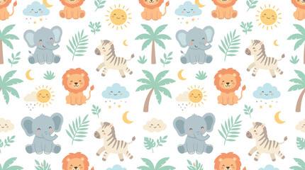 Naklejka premium Cute Cartoon Jungle Animals Seamless Pattern - Elephants, Lions, Zebras